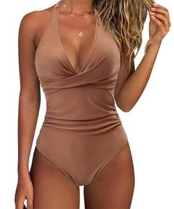 lot 84278 image: SUUKSESS Women Sexy Tummy Control One Piece Swimsuits Halter Push Up Monokini Bathing Suits (Brown, M)
