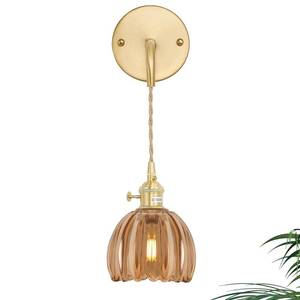 lot 84282 image: Shenmoyl Vintage 1-Light Wall Sconce Amber Tulip Shade Pattern Glass Adjustable Chain Retro Gold Wall Mounted Light, Wall Lamp Fixtures Decor for Bedside Bedroom Indoor Doorway