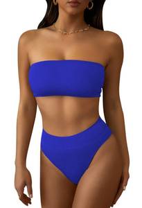 lot 84301 image: Pink Queen Womens High Waisted Bathing Suit Ribbed Two Piece Bikini Set Strapless Bandeau Swimsuit Blue S