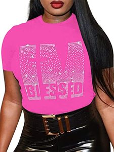 lot 84303 image: Ladies Blessed Bling Rhinestone Bling Short Sleeve Christian Faith Mom Birth Day Gift T-Shirt Rose L