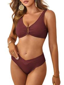 lot 84309 image: ZAFUL Women Swimsuit Bikini Set - Two Piece Ribbed String U Ring Swimwear, V Front High Cut High Waist Bottom Midkini Bathingsuit Brown S