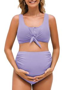 lot 84311 image: Summer Mae Maternity Ribbed Two-Piece Swimsuit Front Knot Crop Top Bikini High Waisted Pregnancy Bathing Suit Violet Large