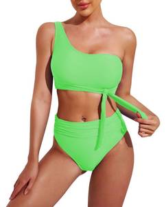 lot 84316 image: Pink Queen Womens 2 Piece One Shoulder High Waisted Bikini Swimsuit High Leg Tummy Control Bathing Suit Green S
