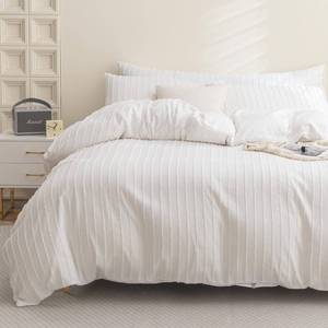 lot 84320 image: JELLYMONI White Duvet Cover Queen Size - 3PCS Microfiber Boho Striped Tufted Textured Duvet Cover with Corner Ties & Zipper Closure