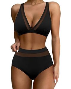 lot 84963 image: Honlyps Women High Waisted Bikini Sets Mesh Tummy Control Bathing Suit Teen Girls Two Piece Swimsuits Full Coverage Bottom Black Medium