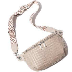lot 84968 image: Myhozee Crossbody Fanny Pack - Small Leather Belt Bag for Women Sling Chest Woven Shoulder Travel Purse Waist Pack with Adjustable Wide Guitar Strap, Apricot