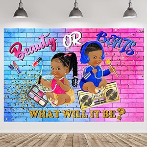 lot 84987 image: What Will It Be Backdrop, Baby Shower Decorations Beauty or Beats Boy or Girl He or She for Gender Reveal Party Decorations Supplies Hip Hop 90s Graffiti Fresh Prince Princess