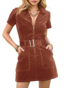 lot 84988 image: Womens Corduroy Mini Dress Short Sleeve Lapel Zip Up Belted Cowgirl Dresses with Pockets Brown Medium