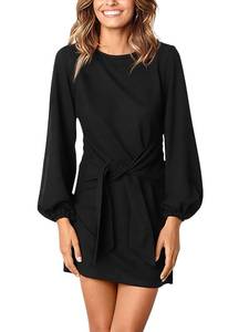lot 84992 image: PRETTYGARDEN Womens Elegant Long Lantern Sleeve Short Dress Crewneck Tie Waist Knit Cocktail Dress (Black,Medium)