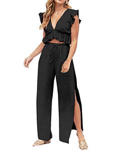 lot 84994 image: FANCYINN 2 Pieces Black Beach Jumpsuits Outfits for Women Deep V Neck Crop Top Side Slit Drawstring Wide Leg Pants Set Halloween Black Witch XS