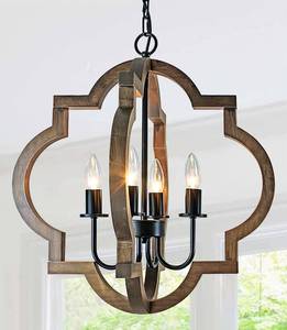 lot 84995 image: Rviezza 19.49 Farmhouse Wood Chandelier, 4-Light Rustic Dining Room Light Fixture, Orb Chandelier Light Adjustable Height, Pendant Lighting for Kitchen Island Foyer Living Room Over Dining Table - Retail $84.14