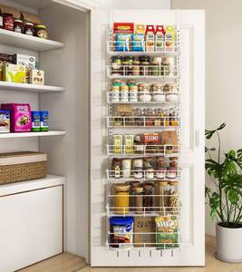 lot 84996 image: Mefirt Over The Door Pantry Organizer, Wall Mount Spice Rack, Pantry Hanging Storage and Organization, 8 Adjustable Baskets Heavy-Duty Metal for Home & Kitchen, Back of Door Seasoning Rack - White