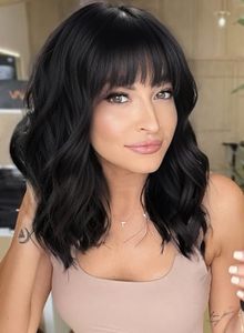 lot 85002 image: AISI HAIR Bob Curly Wig Synthetic Short Black Wig with Bangs Natural Looking Heat Resistant Fiber Hair for Women