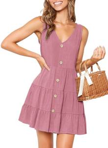 lot 85004 image: MITILLY Womens Summer Sleeveless V Neck Button Down Casual Pocket Swing Short Dress Medium Pink
