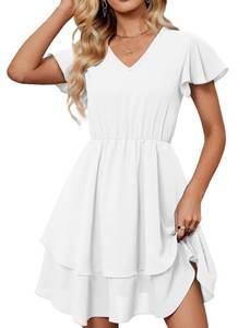 lot 85017 image: FAPPAREL Casual Summer Dresses for Women Ruffle Sleeve Dresses for Wedding Guest Elegant Mini Dress White XXL