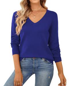lot 85024 image: QUALFORT Womens 100% Cotton Sweater V Neck Long Sleeve Knitted Sweaters Royal Blue Medium