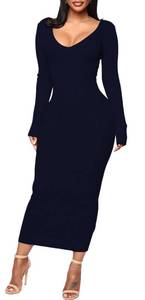 lot 85025 image: BestGirl Womens Sexy Ribbed Sweater Dresses Bodycon V Neck Off Shoulder Long Sleeve Lightweight Knit Midi Dress Navy XL