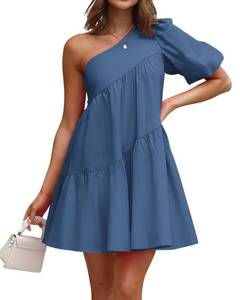 lot 85029 image: KIRUNDO Womens 2024 Summer Casual One Shoulder Mini Babydoll Dress Puff Sleeve Loose Tiered A Line Flowy Short Dresses(Dark Blue, Large)