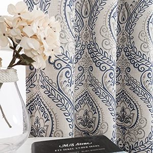 lot 85034 image: jinchan Curtains for Bedroom, Room Darkening Curtains 84 Inch Length 2 Panels Set, Linen Textured Medallion Drapes for Living Room, Vintage Damask Pattern Window Treatments, Blue on Greige