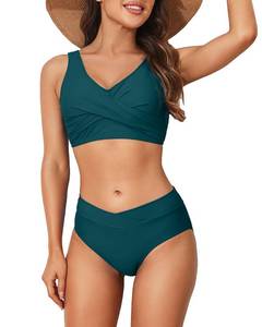 lot 85235 image: Limeeke Womens High Waisted Bikini Set Twist Front Two Piece Swimsuit Lace Up Tie Back Bathing Suits Blue Green S