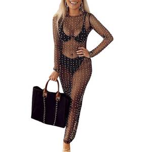 lot 85250 image: Honganda Sexy Womens Sheer Mesh Pearl Rhinestone Beach Cover Up Dress See Through Maxi Dress for Bachelorette Party Blackno size visible
