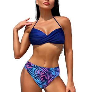 lot 85251 image: Womens Bikini Swimsuit High Waisted Floral Adjustable Straps Two Piece Bathing Suit (S, Dark BluePink Leaf)