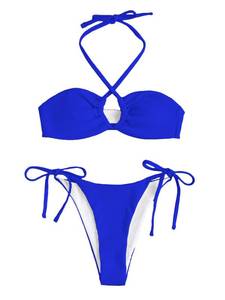 lot 85254 image: OYOANGLE Womens Two Piece Bathing Suit Textured Cut Out Halter Tie Side Bikini Swimsuit Black M
