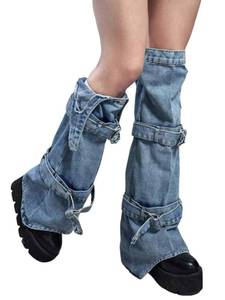 lot 85260 image: WDIRARA Womens Buckle Strap Denim Leg Warmer Adjustable Punk Y2k Boot Cover Calf Socks Blue One-Size