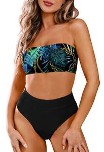 lot 85261 image: Pink Queen Womens Leaf Printed 2 Pieces Bandeau High Waist Bikini Swimsuits XL