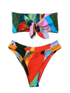 lot 85262 image: GORGLITTER Womens Bandeau Swimsuit Strapless Graphic Tie Front Tops High Waisted Bikini Set Bathing Suit Multicolor Medium