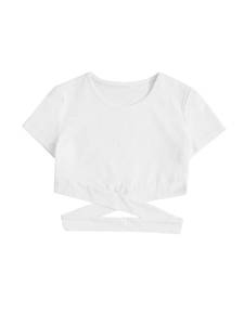 lot 85263 image: OYOANGLE Girls Cute Crisscross Short Sleeve Cutout Solid Crop Top Tee T-Shirts White 11-12Y