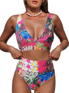lot 85265 image: Hilinker Womens Leopard Bikini Swimsuits V Neck High Waisted 2 Piece Bathing Suits (as1, alpha, s, regular, regular, Hot Pink Floral)