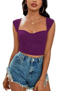 lot 85279 image: LYANER Womens Square Neck Ribbed Knit Sleeveless Slim Fit Solid Crop Top Shirt Dark Purple X-Large