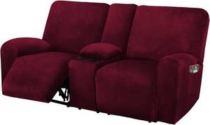 lot 85280 image: Reclining Love Seat with Middle Console Slipcover, 8-Piece Velvet Stretch Loveseat Reclining Sofa Covers, 2 seat Loveseat Recliner Cover, Thick, Soft, Washable, Loveseat Slipcovers (Burgundy - Wine)