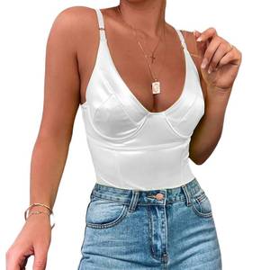 lot 85284 image: Velius Womens Sexy Deep V Neck Shiny Thong Bodysuit Tank Tops with Underwire (White, Small)