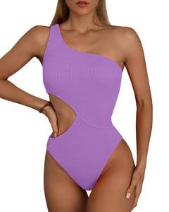 lot 85294 image: Limeeke Womens Cutout One Piece Swimsuit One Shoulder Swimwear Ribbed Monokini Bathing Suits Purple M