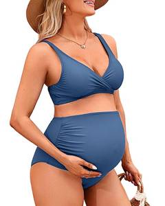lot 85295 image: Charmo High Waist Maternity Bathing Suits Ruched Maternity Swimsuit Two Piece Pregnancy Bikini Swimwear M Blue