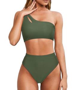 lot 85302 image: MOOSLOVER Women Cutout One Shoulder High Waisted Bikini High Cut Two Piece Swimsuits(S,Army Green)