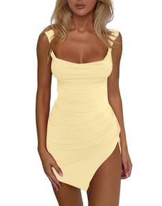 lot 85306 image: HYPERFIRE Womens Summer Square Neck Low Back Dress Split Hem Ruched Bodycon Mini Short Dresses Backless Sundress Apricot Medium