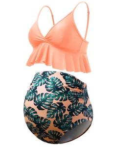 lot 85332 image: Bhome Maternity Two Pieces Bikini Set High Waisted Bathing Suit Flounce Beachwear Summer Orange with Green Leaves S