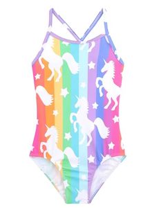 lot 85334 image: Girls One Piece Swimsuits Cute Strip Unicorn Swimsuit Summer UPF 50 Sun Protection Quick Dry Beach Bathing Suit Cross Shoulder Strap Swimwear 3t 2t