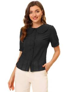 lot 85336 image: Allegra K Womens Peter Pan Collar Swiss Dots Short Sleeves Button Front Shirt Blouse Small black