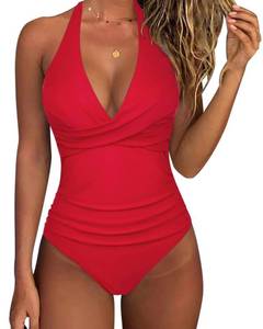 lot 85342 image: SUUKSESS Women Sexy Tummy Control One Piece Swimsuits Halter Push Up Monokini Bathing Suits (Red, S)