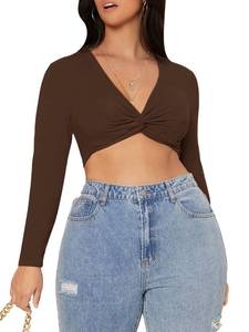 lot 85347 image: Verdusa Womens Plus Size Twist Front Deep V Neck Long Sleeve Crop Tee Top Coffee Brown 3XL