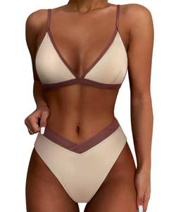 lot 85353 image: SUUKSESS Women Triangle High Cut Bikini Sets Sexy High Waisted Color Block Two Piece Swimsuits Push Up Bathing Suits(Beige Brown,S)