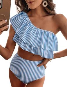 lot 86465 image: VIMPUNEC Ruffle One Shoulder Swimsuits for Women Striped High Waisted Two Piece Bathing Suits Blue Stripes Medium