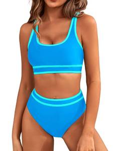 lot 86468 image: BMJL Womens High Waisted Bikini Sets Sporty Two Piece Swimsuits Color Block Cheeky High Cut Bathing Suits(Small,Blue)