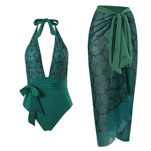 lot 86469 image: IDOPIP Womens One Piece Swimsuit with Cover up Beach Skirt Floral Printed Swimsuit Bathing Suit Ruffle V-Neck Monokini Swimwear Sarong Coverups Two Piece Bikini Set Beachwear Green - 3D Flower Large