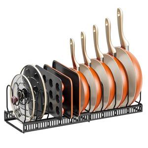 lot 86475 image: AJSWISH Pots and Pans Organizer Rack for Under Cabinet, Expandable Pot Lid Organizer Holder with 10 Adjustable Dividers and Anti-scratch Strips for Cutting Board, Cast-iron Pan and Cookware, Black