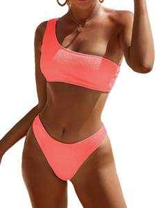 lot 86481 image: YIMISAN Womens Ribbed Bikini Sets One Shoulder Top with Mid Waist Two Piece Bathing Suit Coral Pink Medium